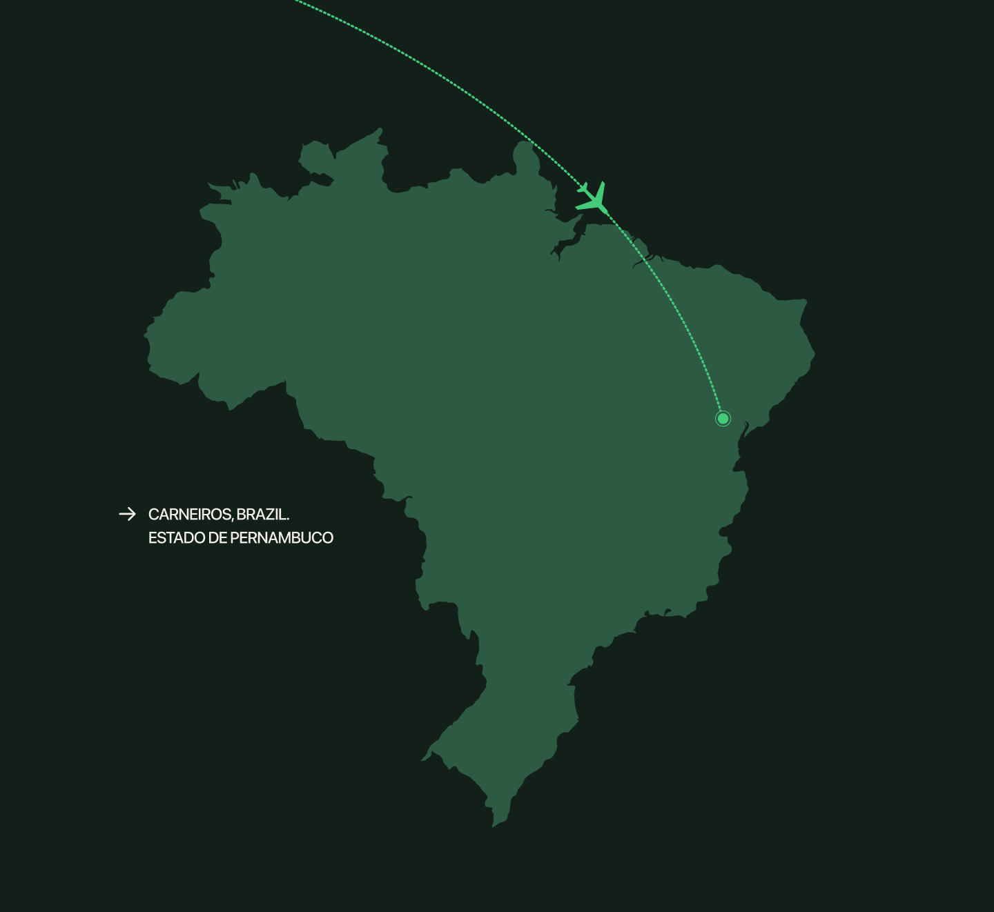 Mapa de Brasil con la ruta de vuelo hasta Carneiros, estado de Pernambuco
